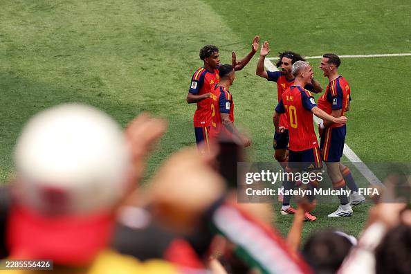 INGLEWOOD, CALIFORNIA - JULY 10: Fabian Ruiz #8 of Spain celebrates scoring his team's first goal with teammates Lamine Yamal, Pedro Porro, Marc Cucurella and Dani Olmo during the FIFA World Cup 2026 Quarter Final match between Spain and Belgium at Los Angeles Stadium on July 10, 2026 in Inglewood, California. (Photo by Katelyn Mulcahy - FIFA/FIFA via Getty Images)