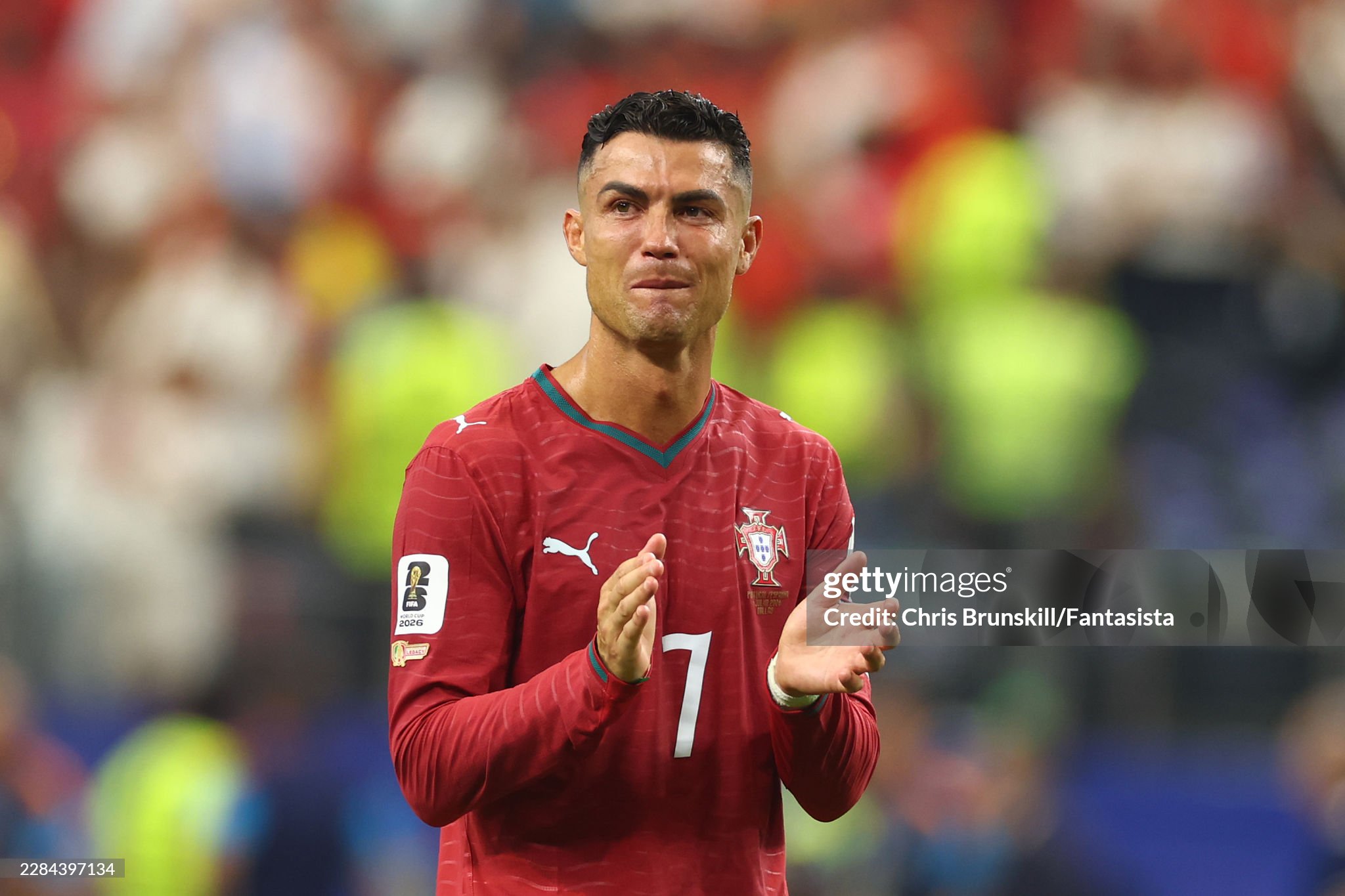 ARLINGTON, TEXAS - JULY 6: Cristiano Ronaldo of Portugal reacts at the end of the FIFA World Cup 2026 Round of 16 match between Portugal and Spain at Dallas Stadium on July 6, 2026 in Arlington, United States. (Photo by Chris Brunskill/Fantasista/Getty Images)